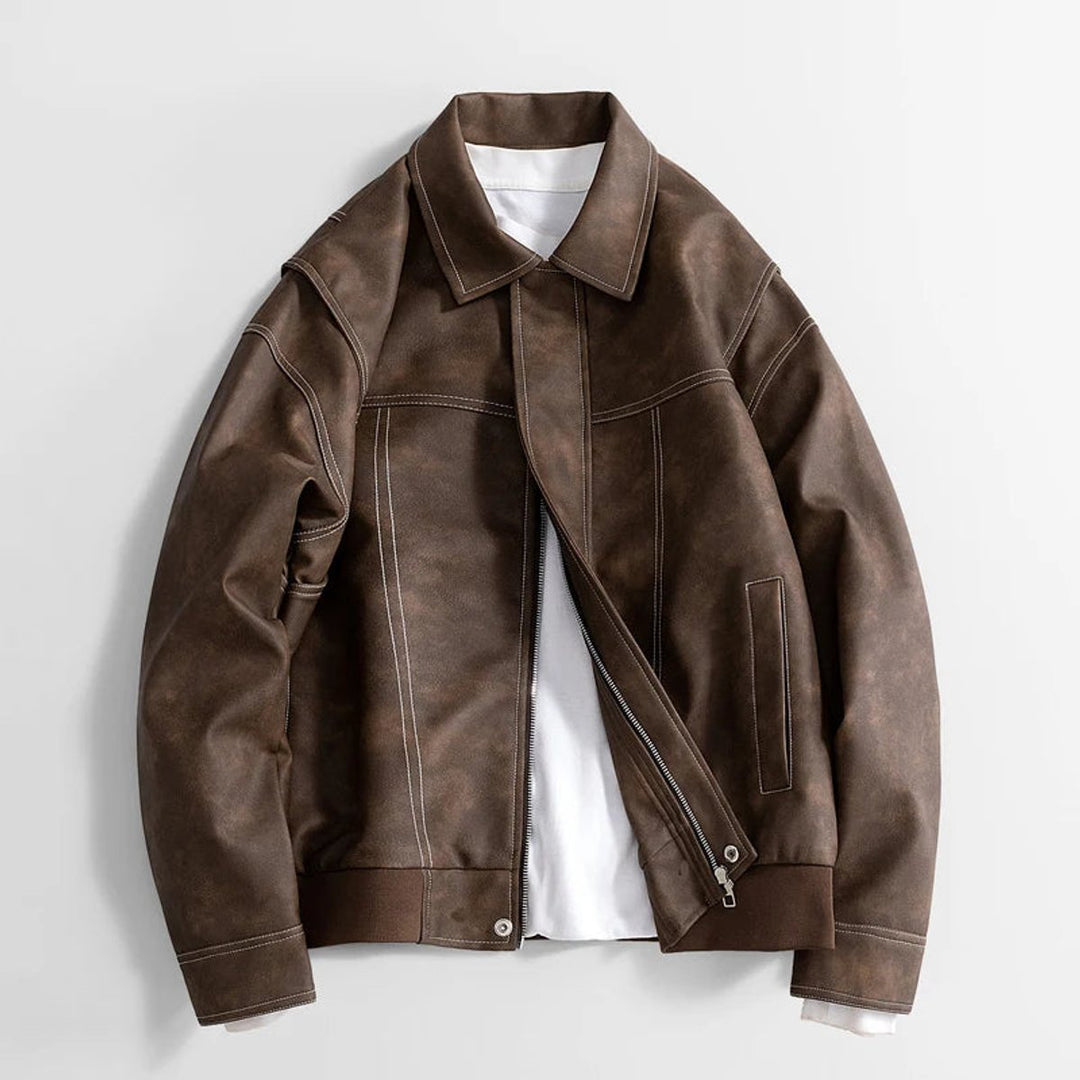Men's Vintage Zip-Up Faux Leather Bomber Jacket