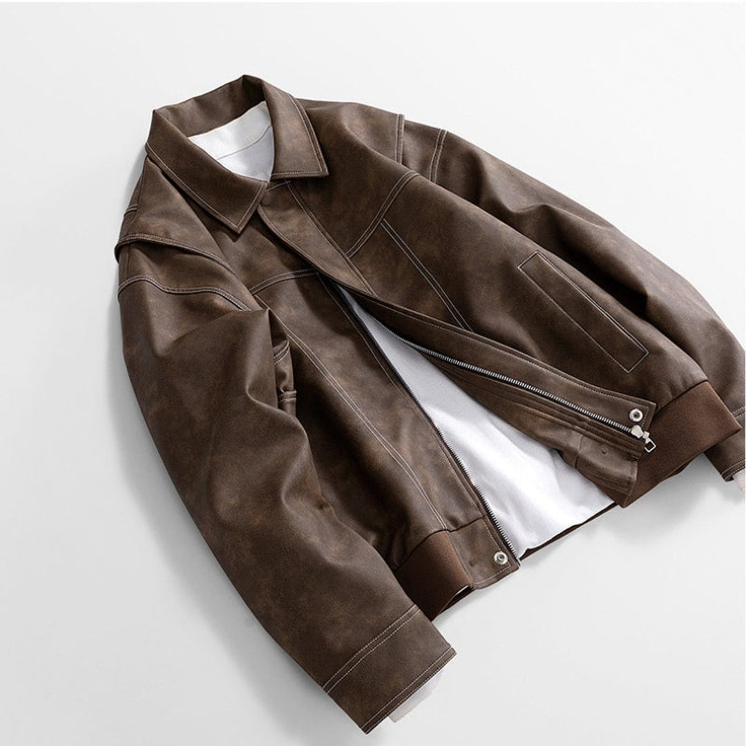 Men's Vintage Zip-Up Faux Leather Bomber Jacket