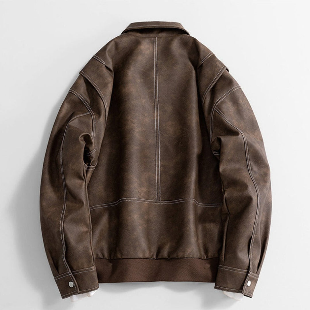 Men's Vintage Zip-Up Faux Leather Bomber Jacket