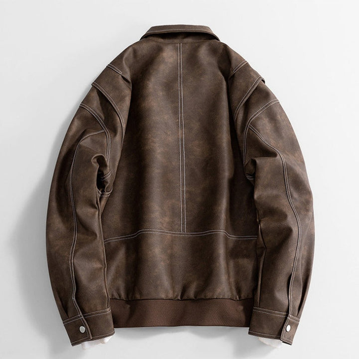 Men's Vintage Zip-Up Faux Leather Bomber Jacket