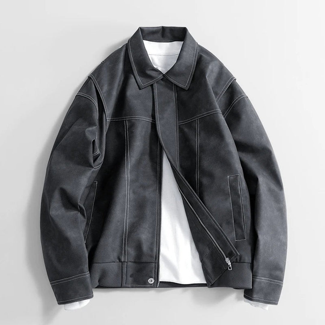 Men's Vintage Zip-Up Faux Leather Bomber Jacket