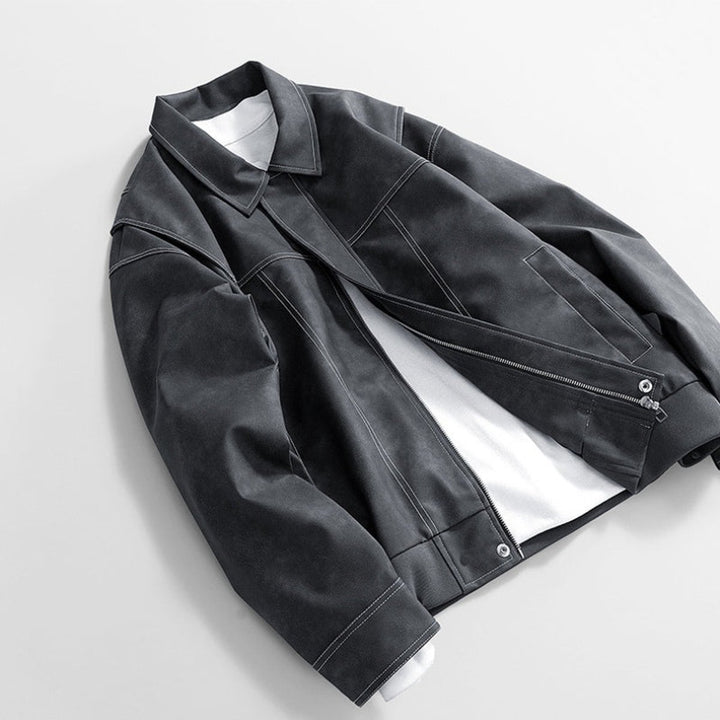 Men's Vintage Zip-Up Faux Leather Bomber Jacket