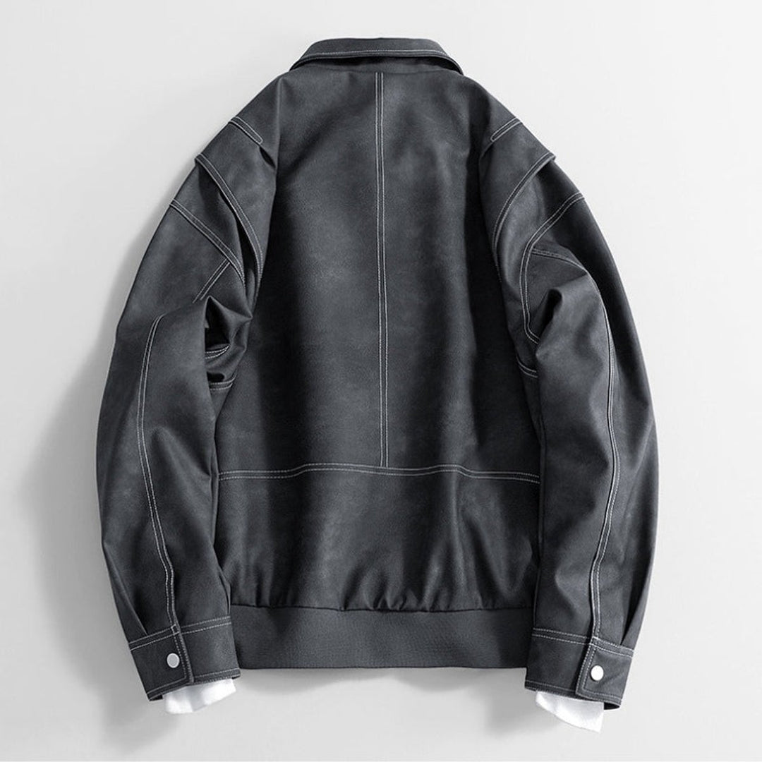 Men's Vintage Zip-Up Faux Leather Bomber Jacket