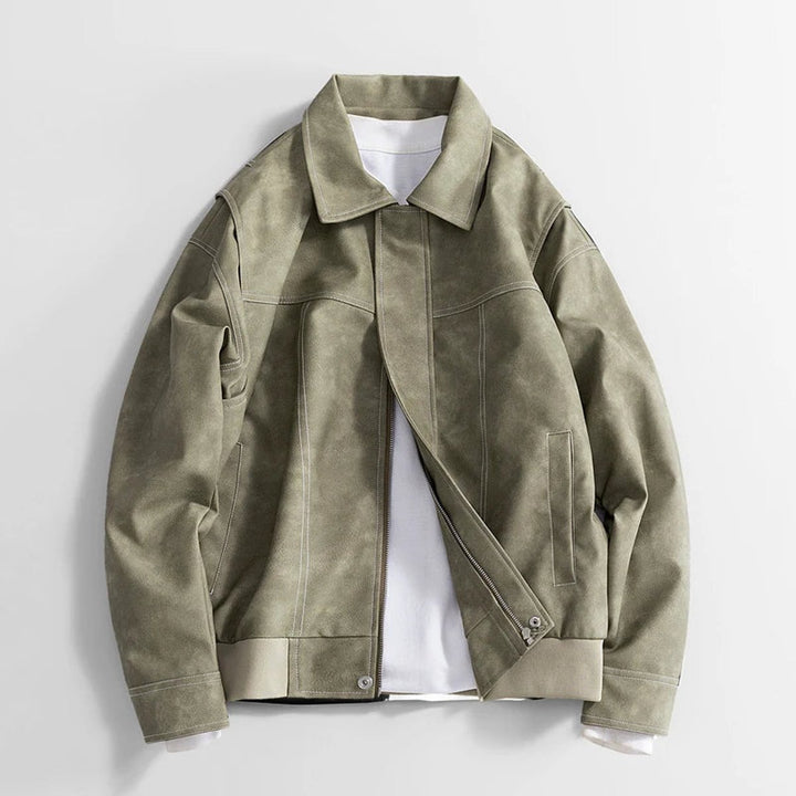 Men's Vintage Zip-Up Faux Leather Bomber Jacket