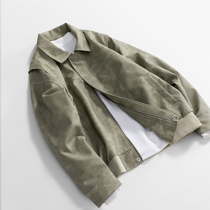 Men's Vintage Zip-Up Faux Leather Bomber Jacket