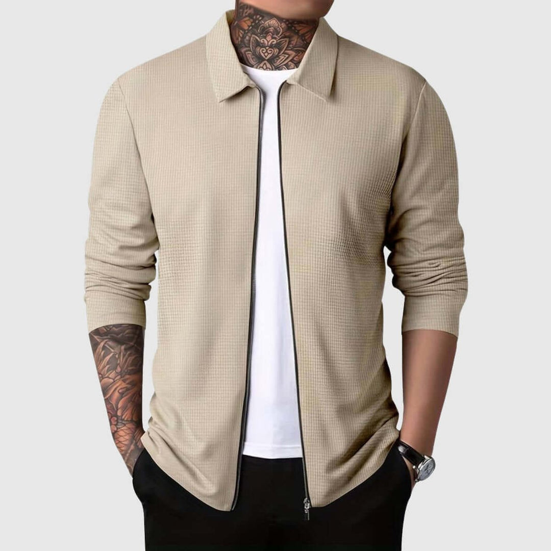 Men's Waffle Knit Full-Zip Bomber Jacket Collared