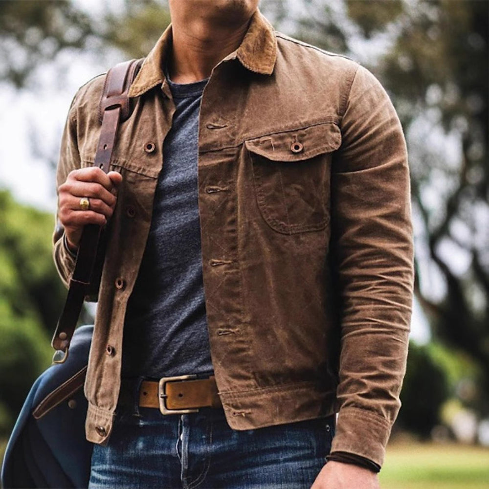 Men's Waxed Cotton Shirt-Collar Button-Front Jacket