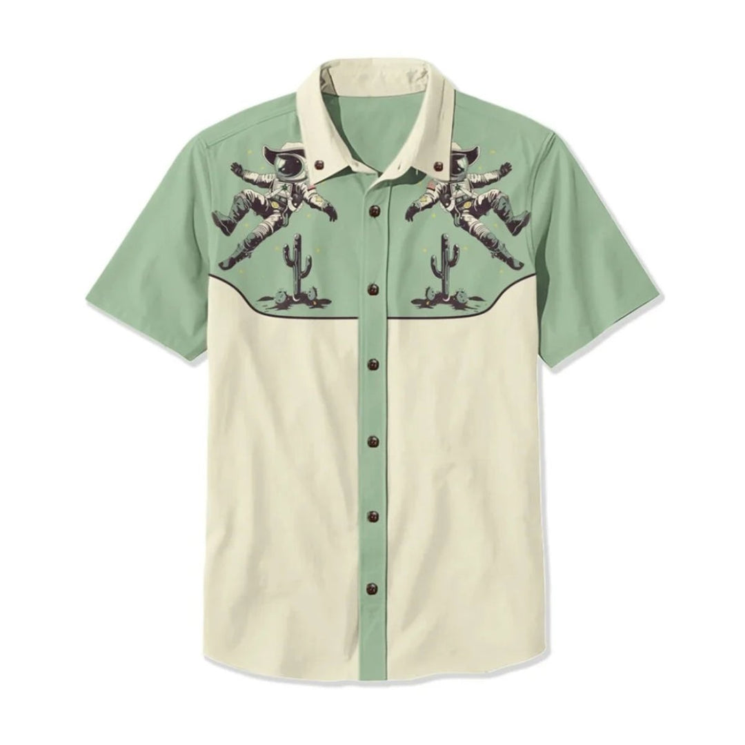 Mens Western Shirt Short-Sleeve Relaxed-Fit Astronaut Cowboy Print