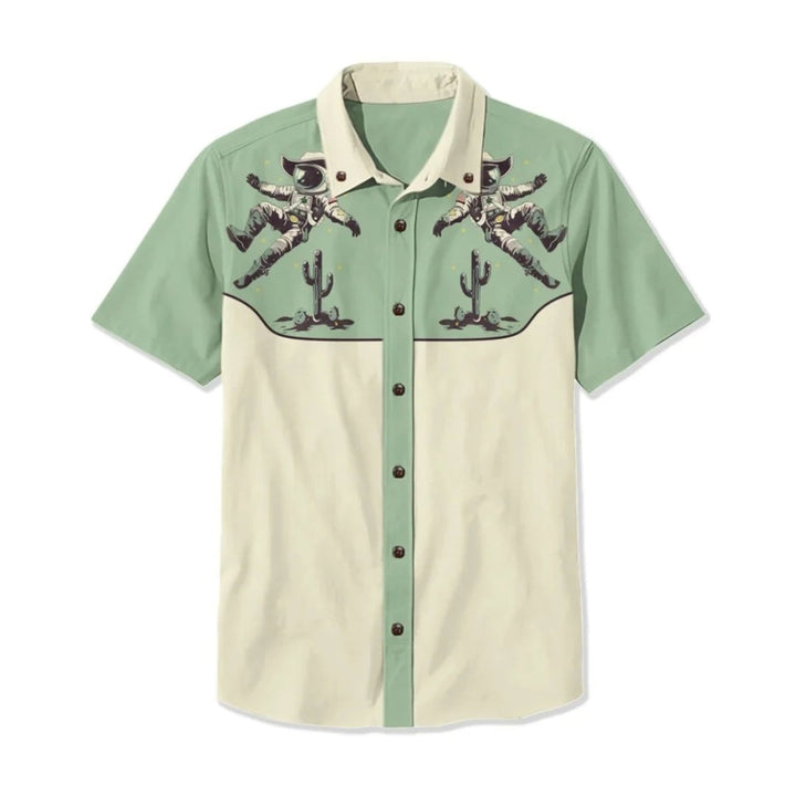 Mens Western Shirt Short-Sleeve Relaxed-Fit Astronaut Cowboy Print