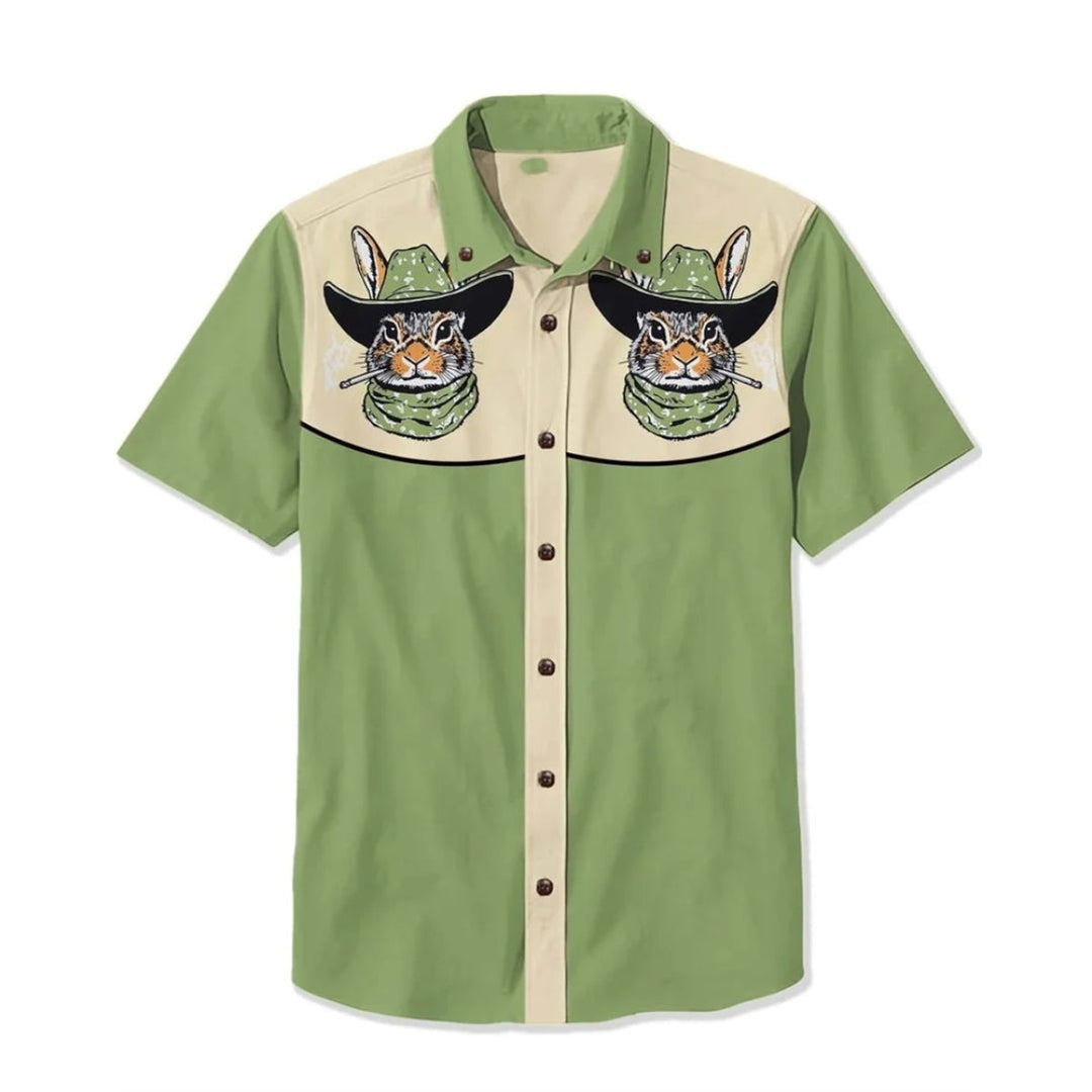 Mens Western Shirt Short-Sleeve Relaxed-Fit Astronaut Cowboy Print