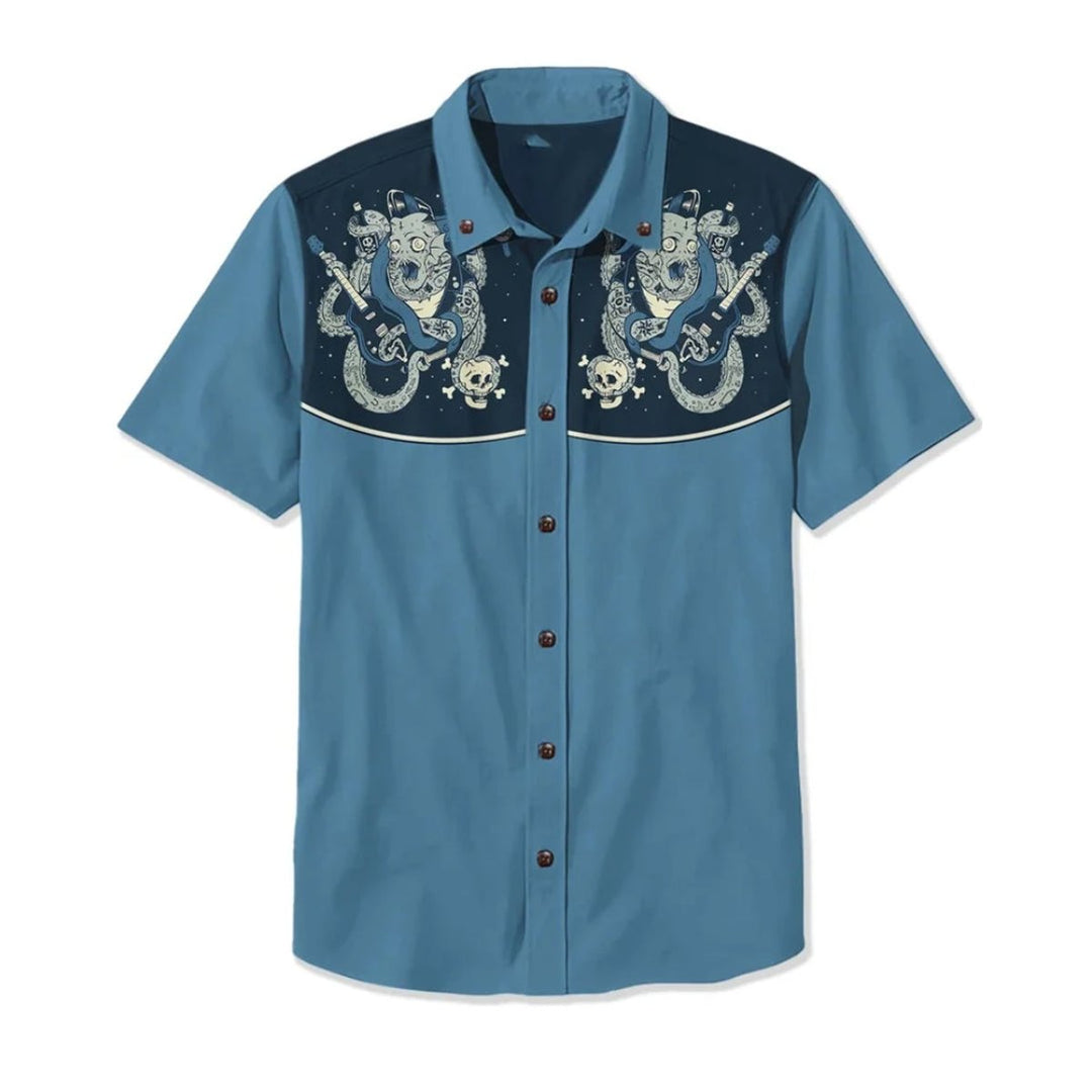 Mens Western Shirt Short-Sleeve Relaxed-Fit Astronaut Cowboy Print