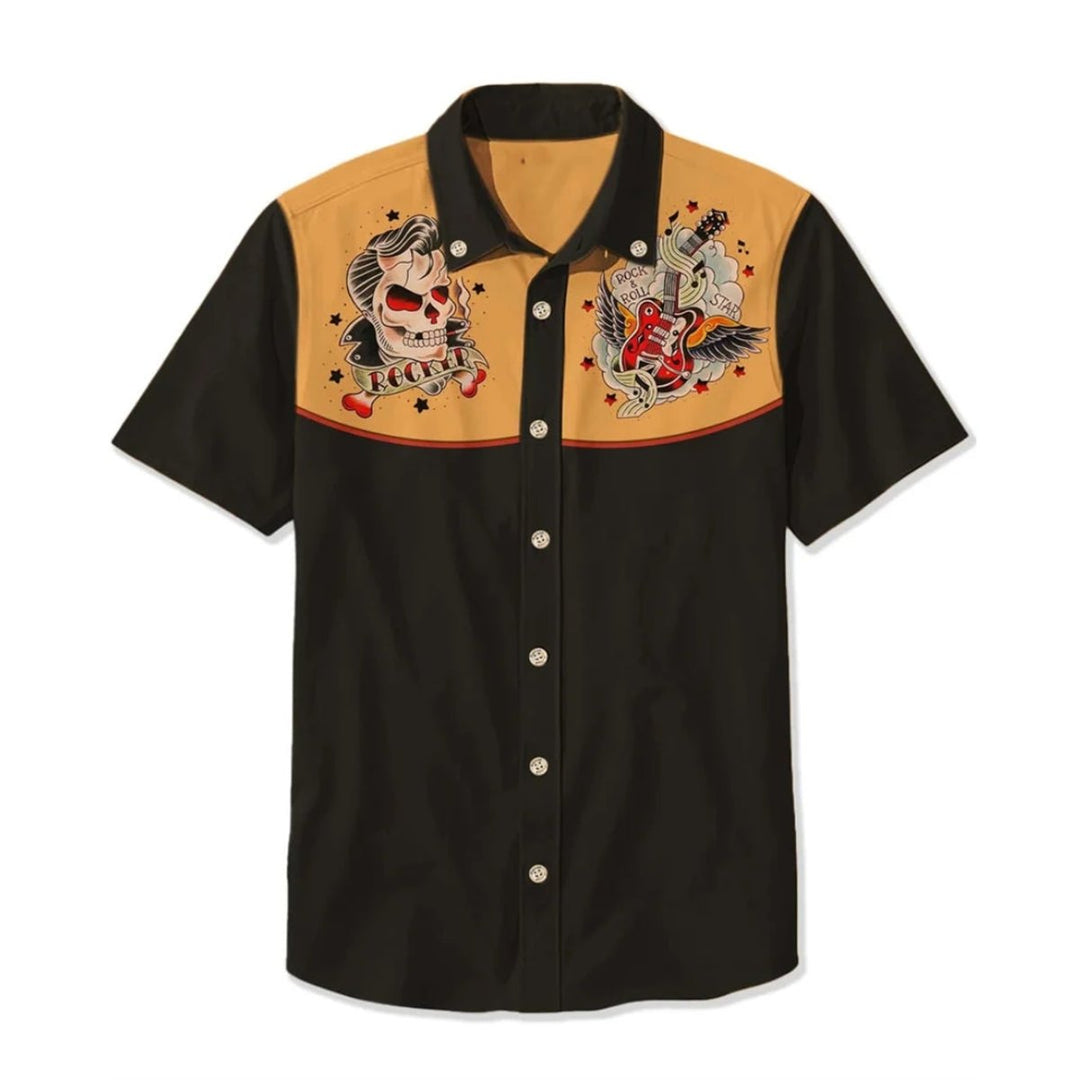Mens Western Shirt Short-Sleeve Relaxed-Fit Astronaut Cowboy Print