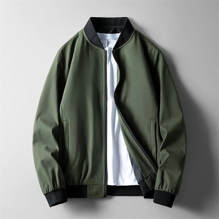 Mens Wind-Resistant Softshell Bomber Jacket Ribbed Trim
