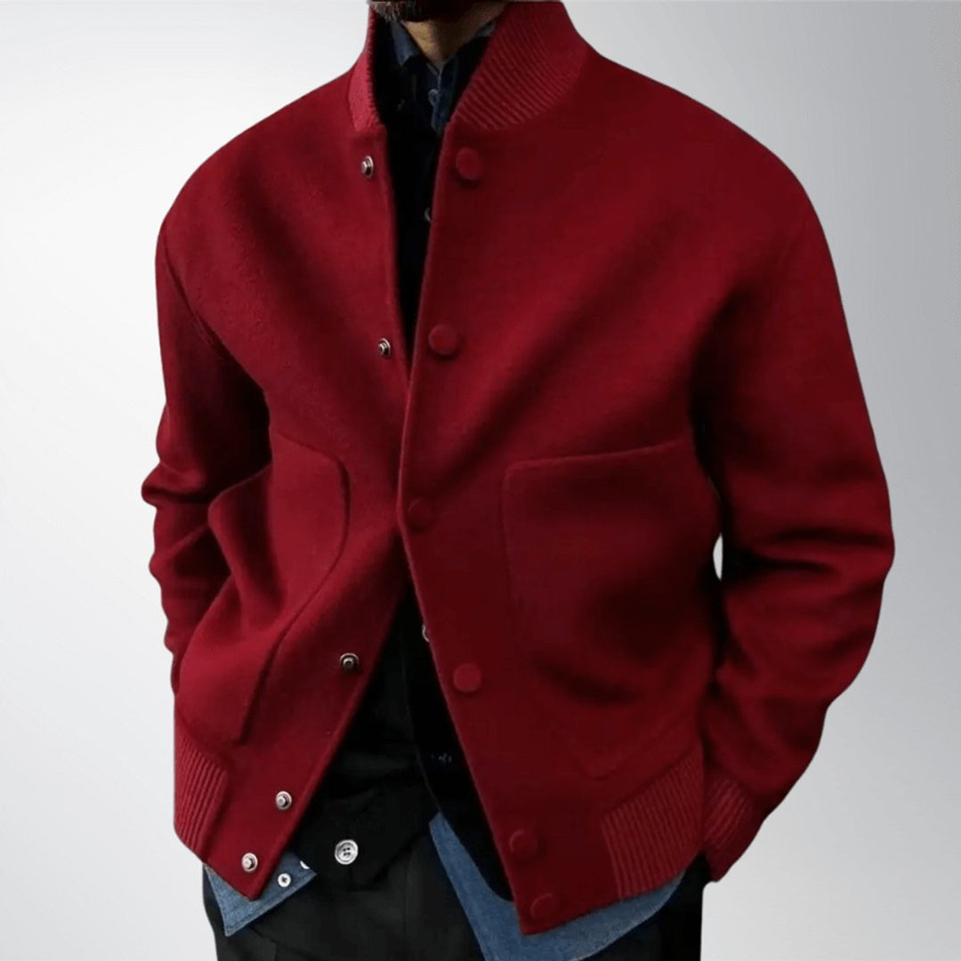 Men's Wool Bomber Jacket Stand-Collar Button-Front Coat