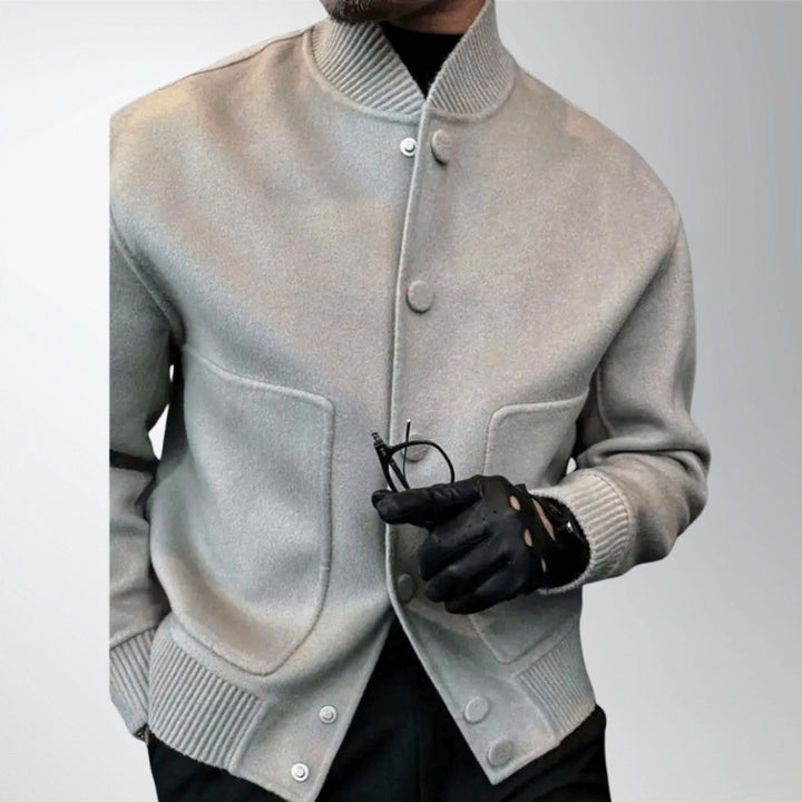 Men's Wool Bomber Jacket Stand-Collar Button-Front Coat