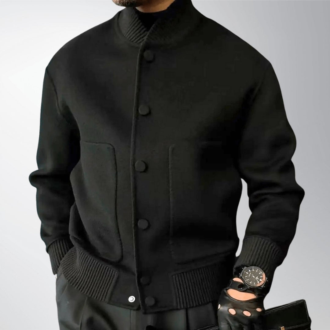 Men's Wool Bomber Jacket Stand-Collar Button-Front Coat