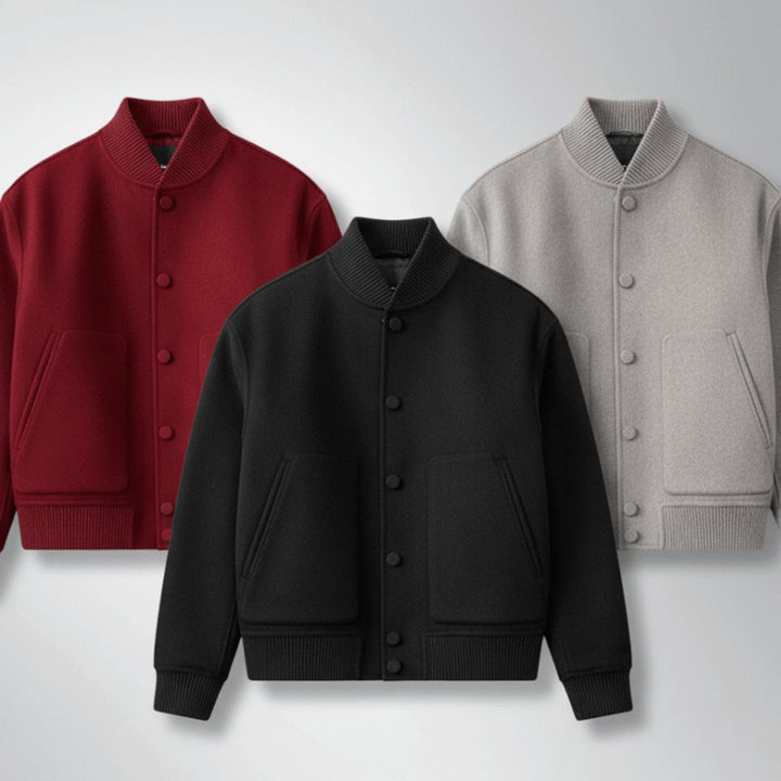 Men's Wool Bomber Jacket Stand-Collar Button-Front Coat