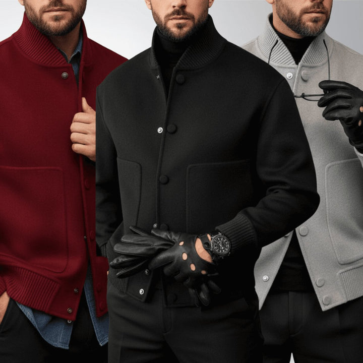 Men's Wool Bomber Jacket Stand-Collar Button-Front Coat