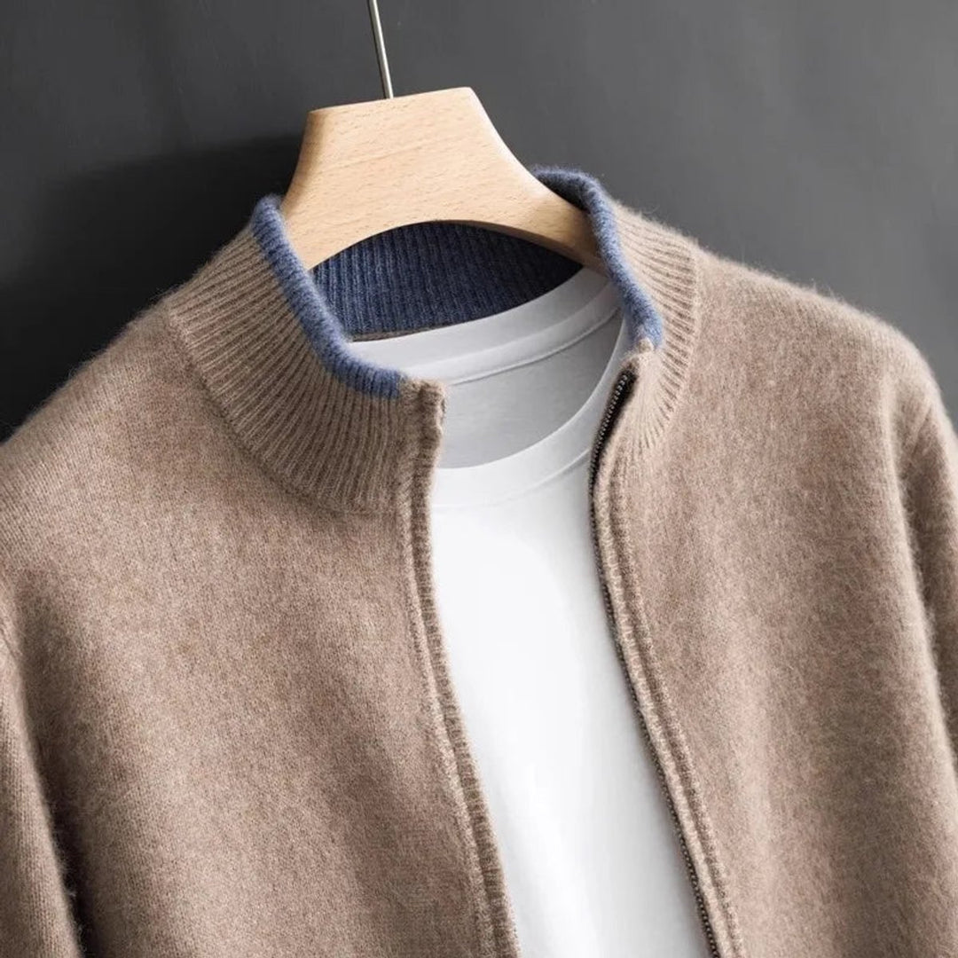 Men's Zip Cardigan Knitted Jumper Soft Ribbed Collar Knitwear