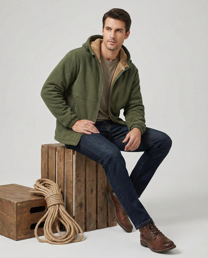 Mens Zip Hoodie Lambswool Pile-Lined Warm Outdoor Fleece