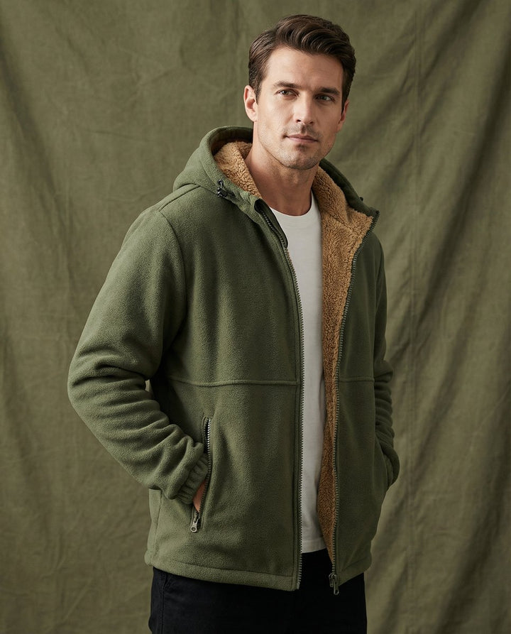 Mens Zip Hoodie Lambswool Pile-Lined Warm Outdoor Fleece