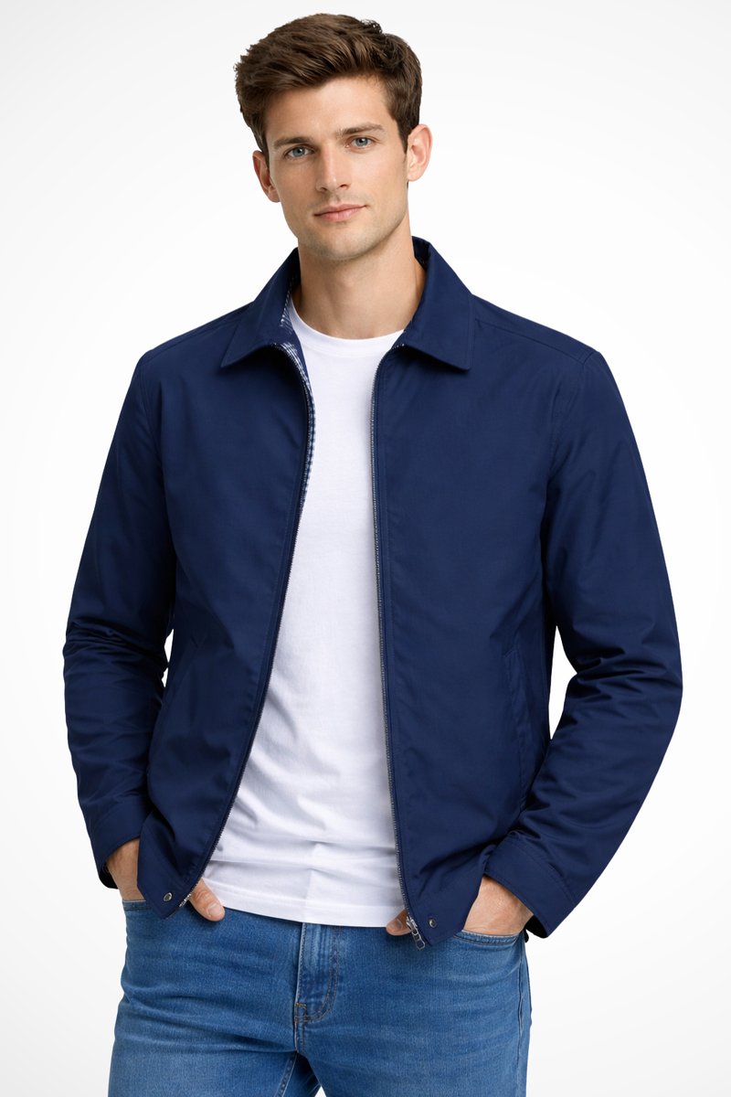Men's Zip-Up Collared Harrington Jacket Check-Lined