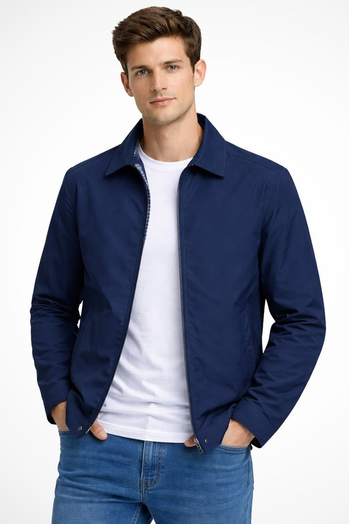 Men's Zip-Up Collared Harrington Jacket Check-Lined