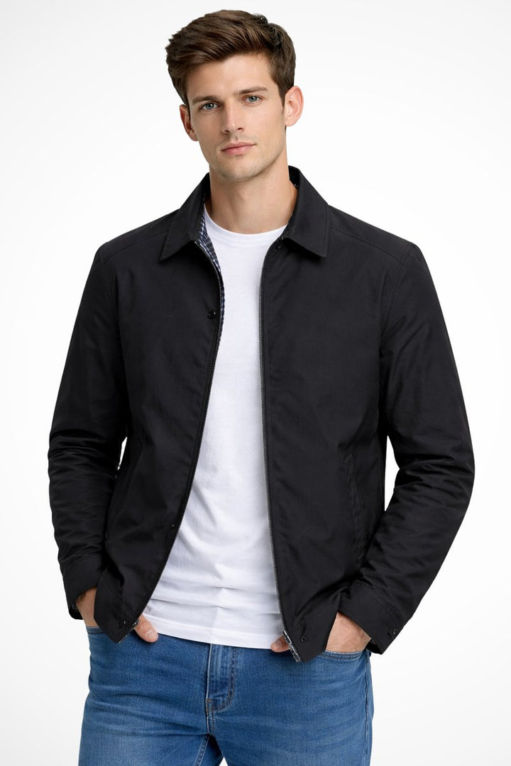 Men's Zip-Up Collared Harrington Jacket Check-Lined
