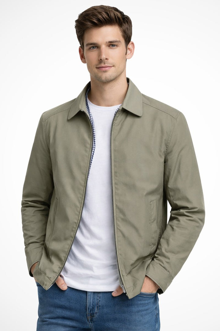 Men's Zip-Up Collared Harrington Jacket Check-Lined