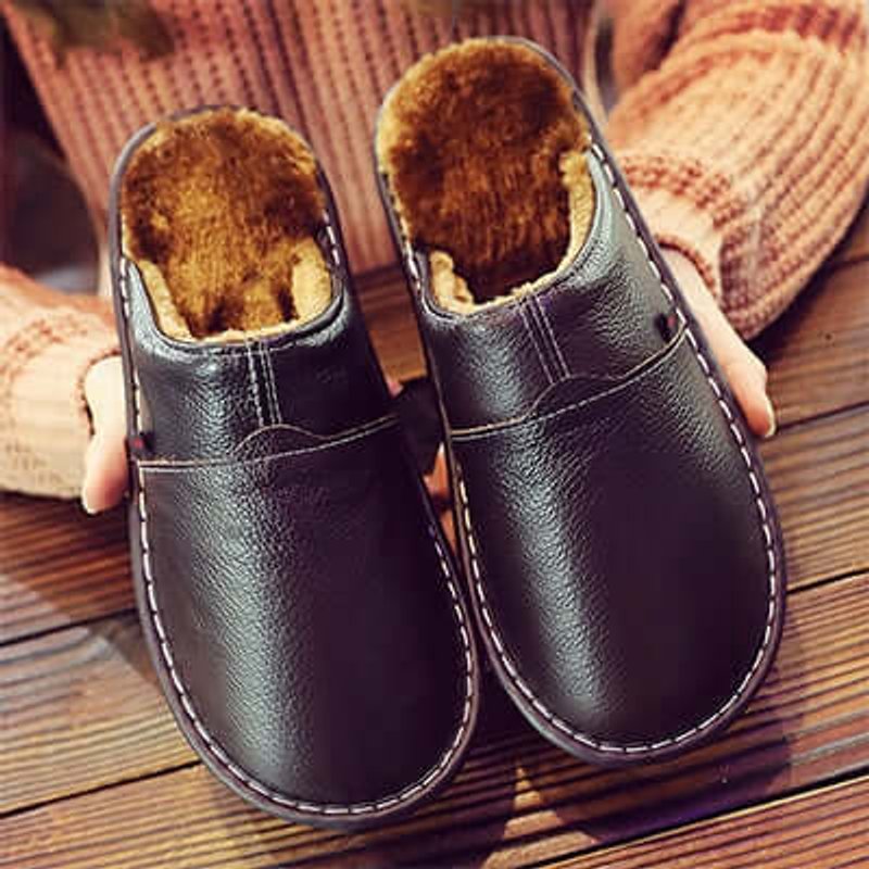 Unisex Waterproof Fleece-Lined Leather Slip-On Slippers
