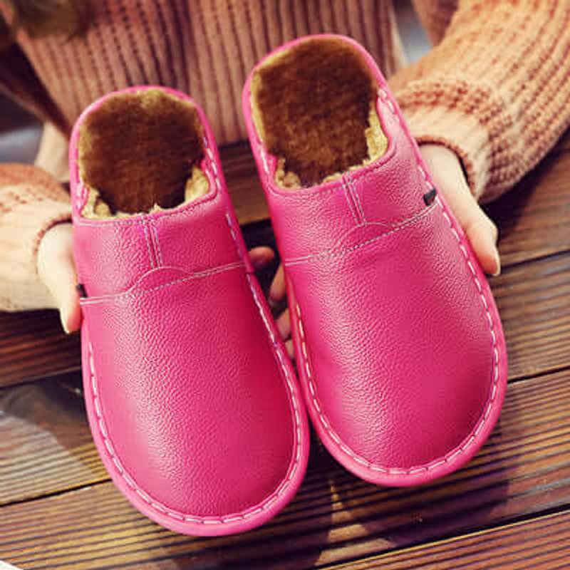 Unisex Waterproof Fleece-Lined Leather Slip-On Slippers