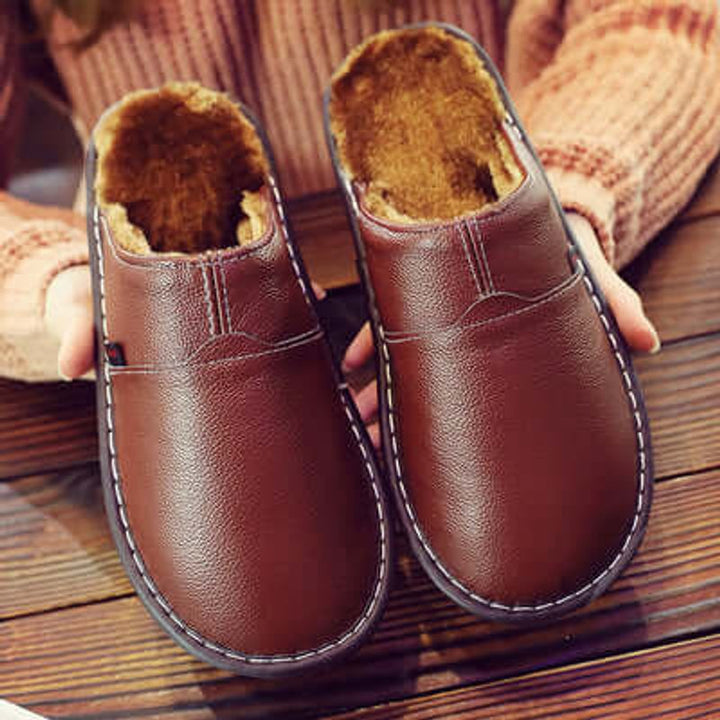 Unisex Waterproof Fleece-Lined Leather Slip-On Slippers