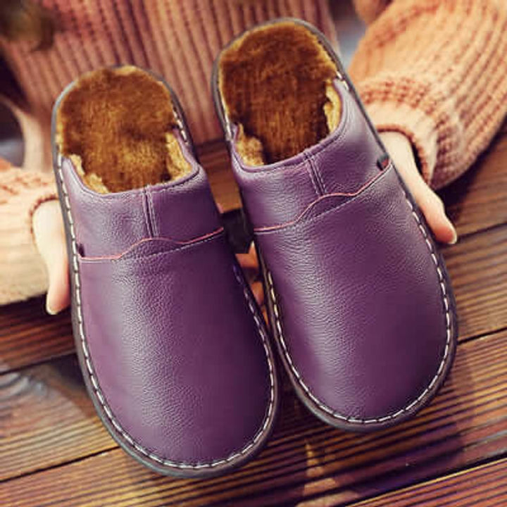 Unisex Waterproof Fleece-Lined Leather Slip-On Slippers