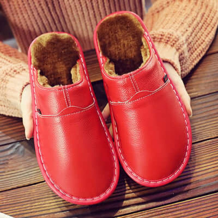 Unisex Waterproof Fleece-Lined Leather Slip-On Slippers
