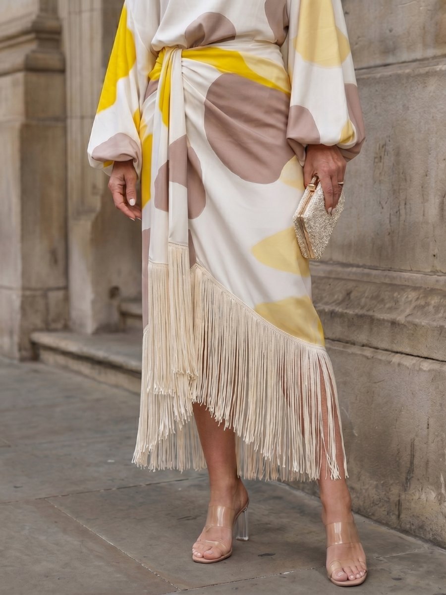 Women's Abstract Print Off-Shoulder Fringe Hem Midi Party Dress