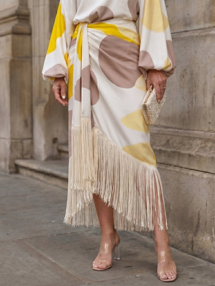 Women's Abstract Print Off-Shoulder Fringe Hem Midi Party Dress
