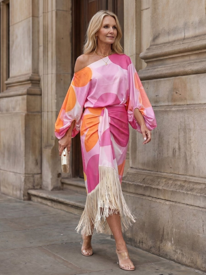 Women's Abstract Print Off-Shoulder Fringe Hem Midi Party Dress