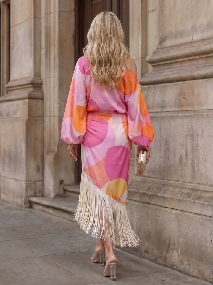 Women's Abstract Print Off-Shoulder Fringe Hem Midi Party Dress