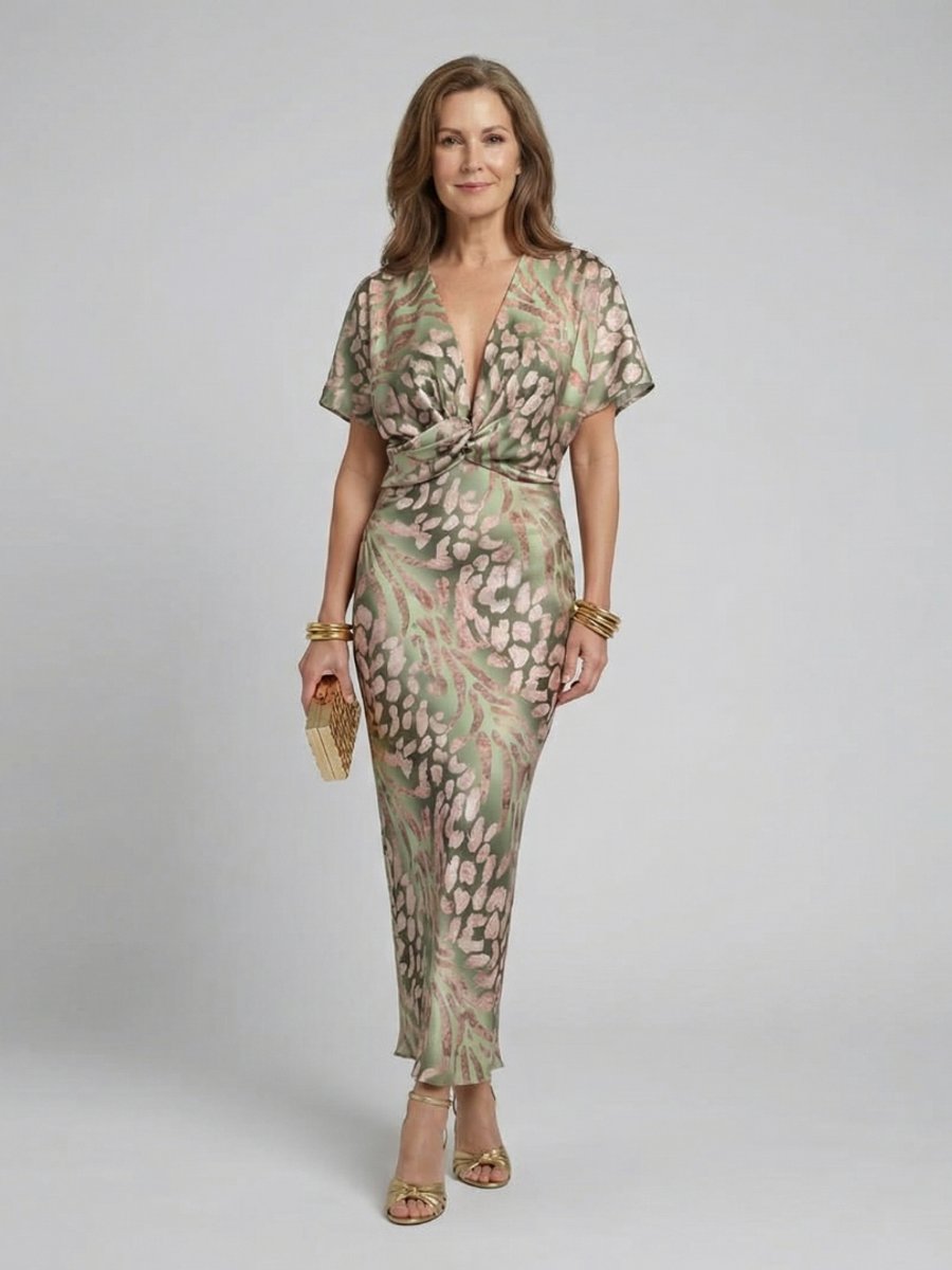 Women's Abstract Print V-Neck Twist Waist Christmas Party Midi Dress