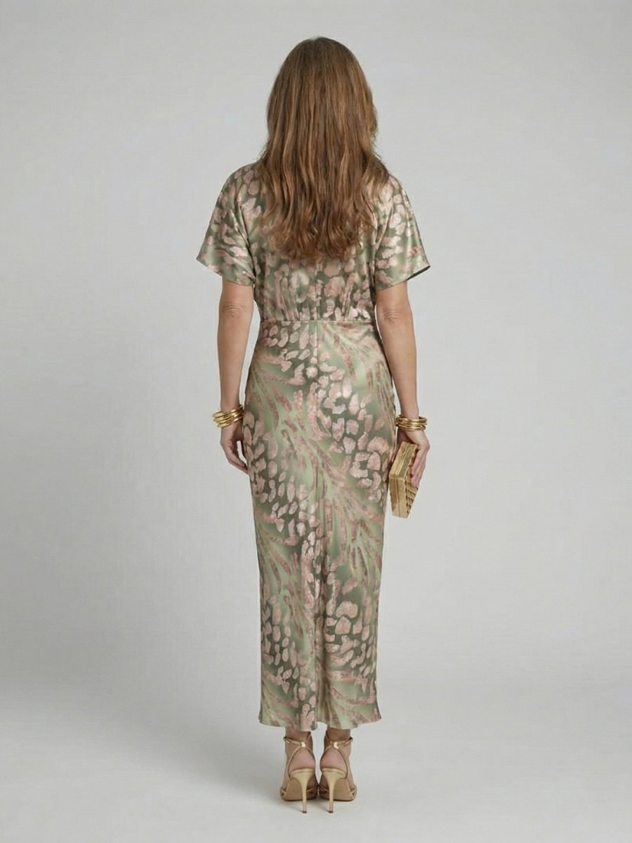 Women's Abstract Print V-Neck Twist Waist Christmas Party Midi Dress