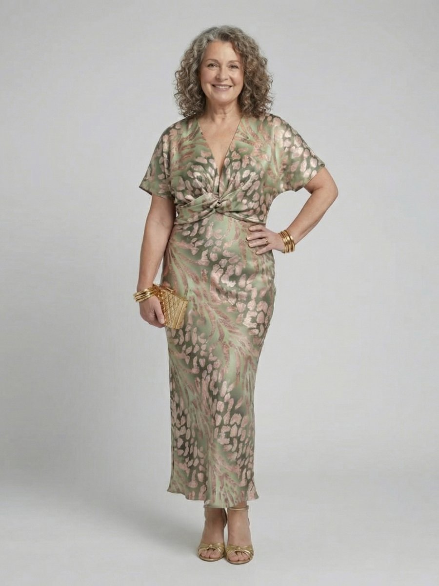 Women's Abstract Print V-Neck Twist Waist Christmas Party Midi Dress
