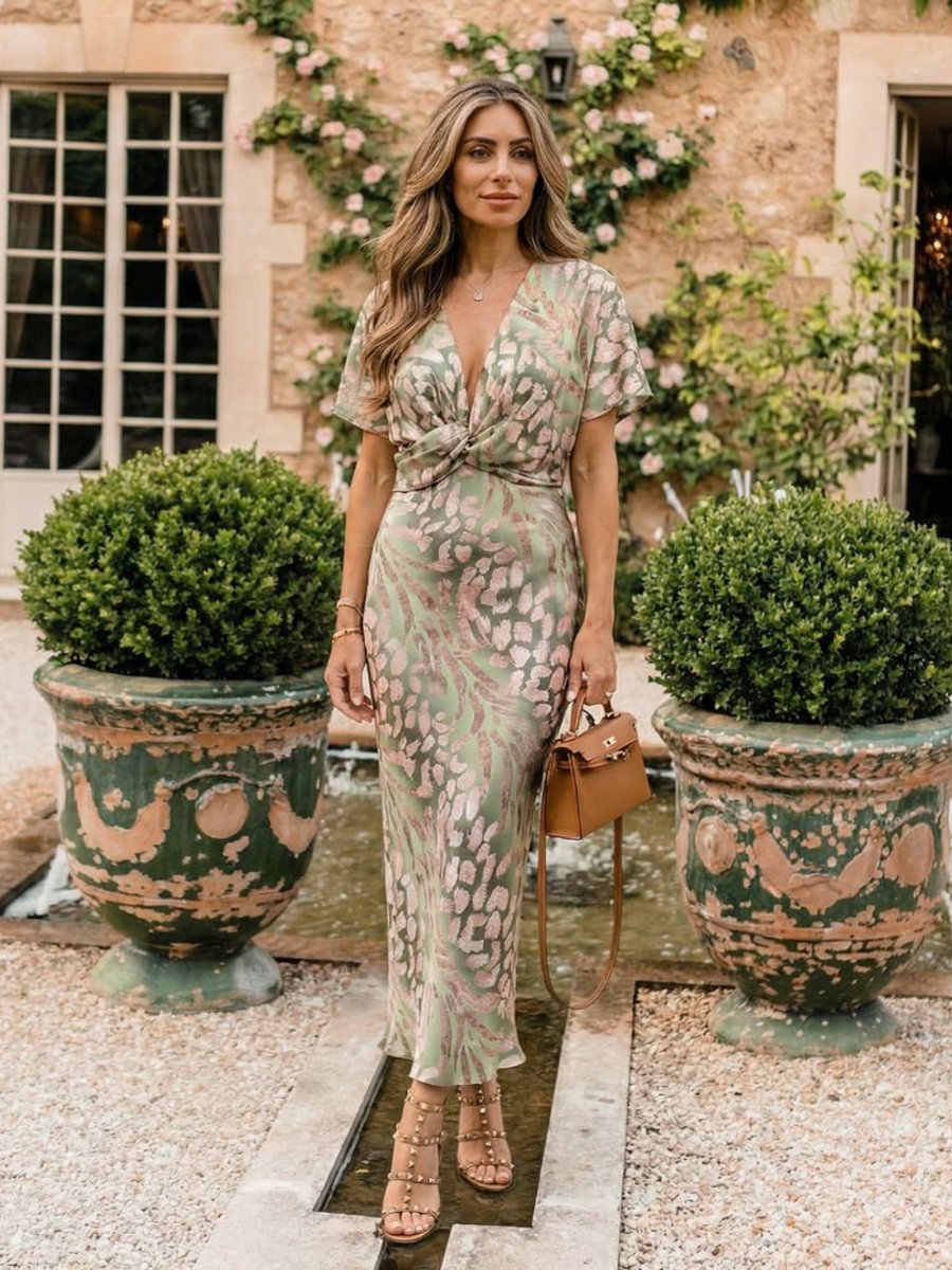 Women's Abstract Print V-Neck Twist Waist Christmas Party Midi Dress