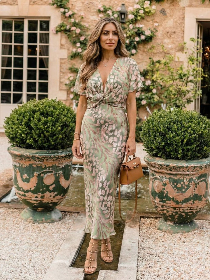 Women's Abstract Print V-Neck Twist Waist Christmas Party Midi Dress