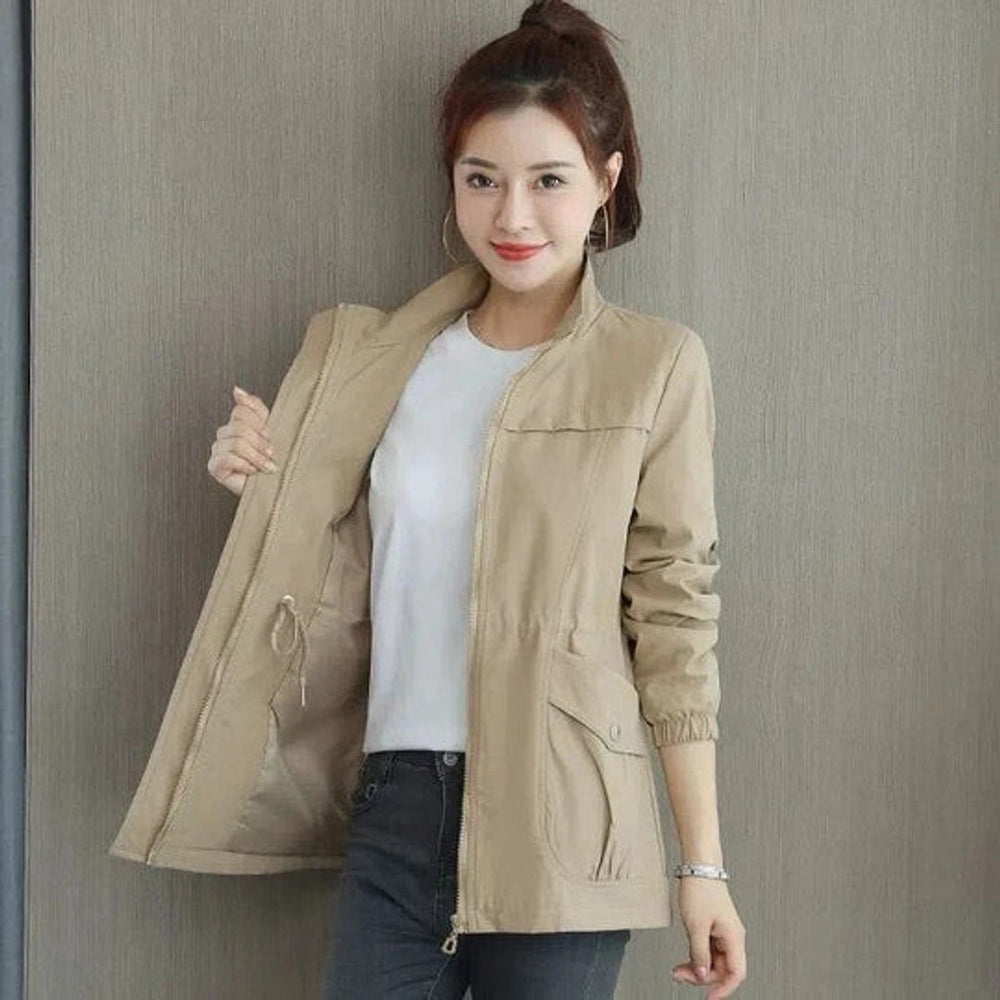 Women's Adjustable-Waist Zip-Up Trench Coat Lightweight Outerwear