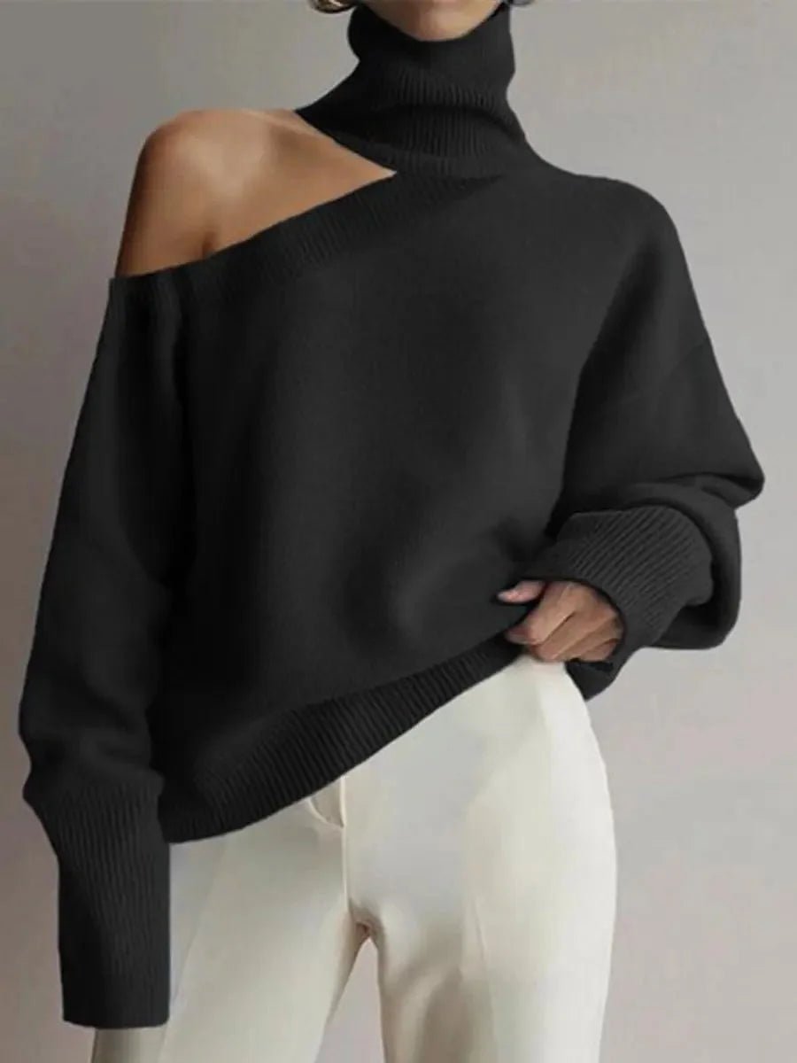 Women's Asymmetric Cold-Shoulder Roll Neck Knitted Jumper