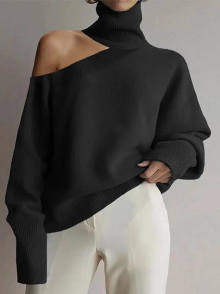 Women's Asymmetric Cold-Shoulder Roll Neck Knitted Jumper