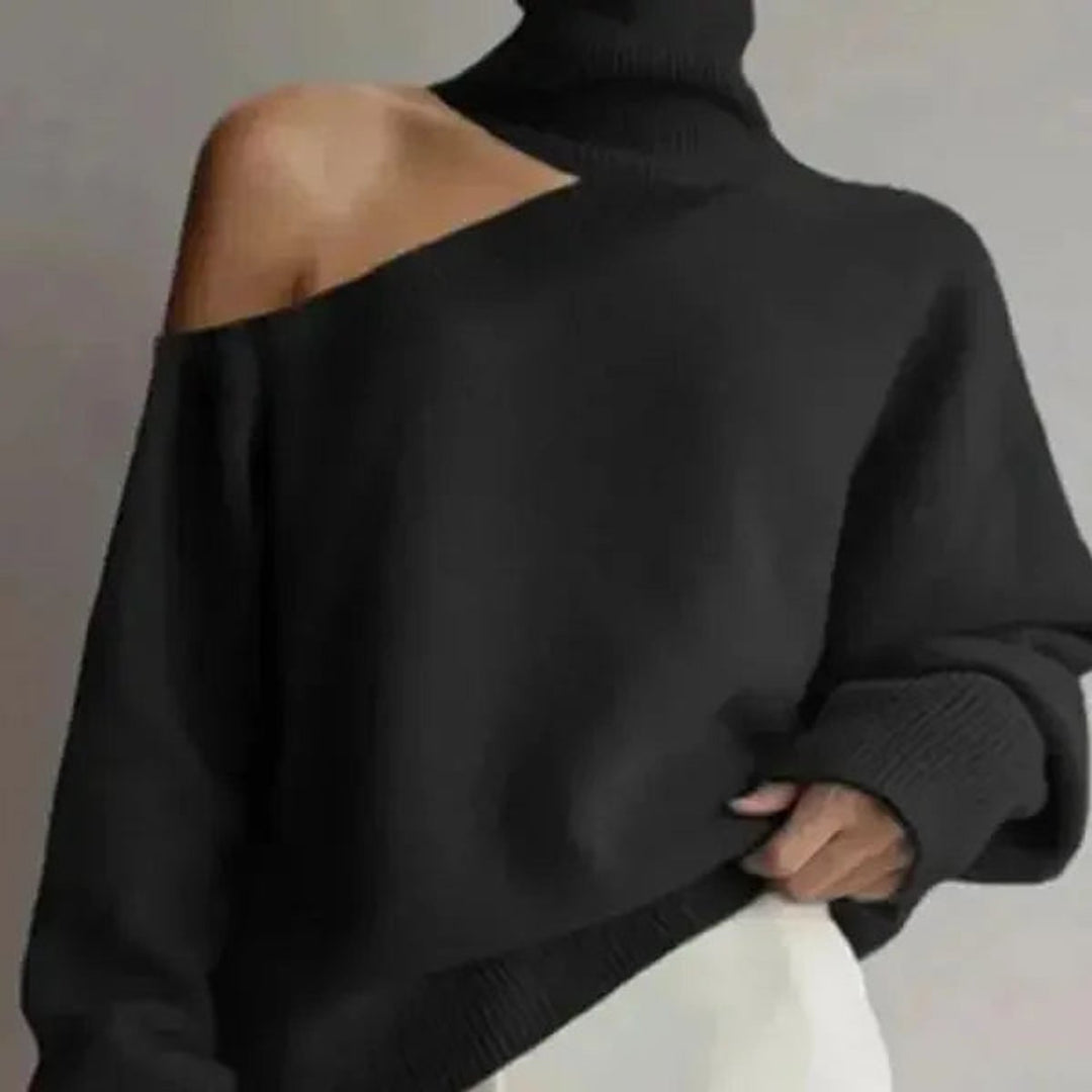 Women's Asymmetric Cold-Shoulder Roll Neck Knitted Jumper