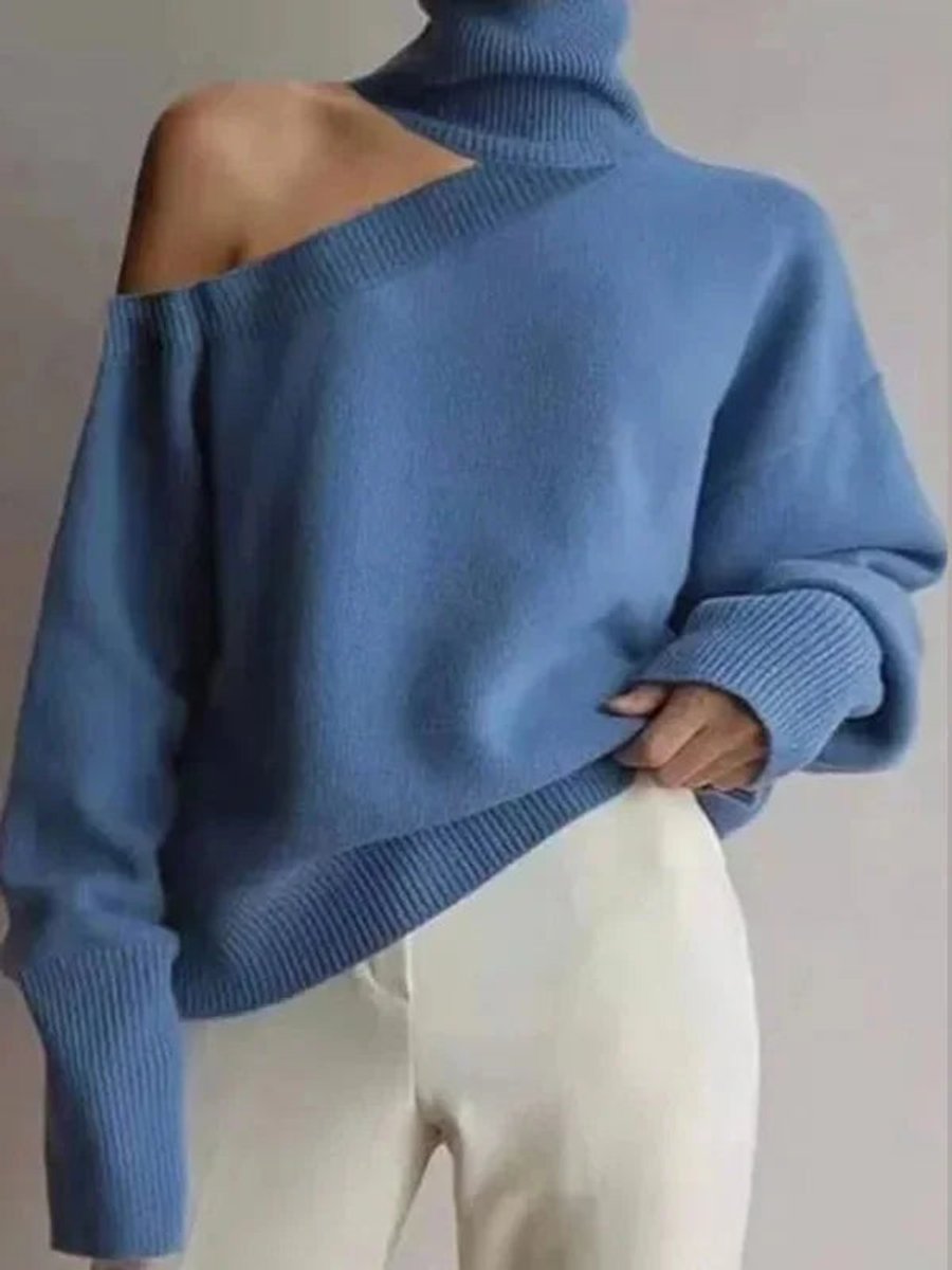 Women's Asymmetric Cold-Shoulder Roll Neck Knitted Jumper