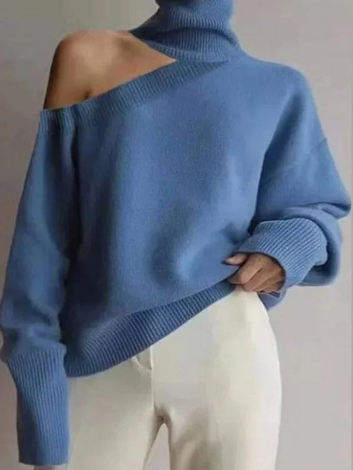 Women's Asymmetric Cold-Shoulder Roll Neck Knitted Jumper