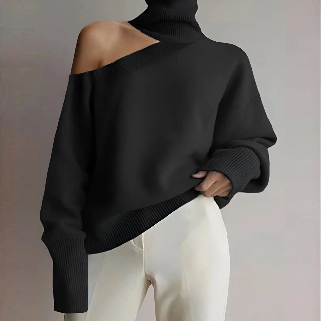 Women's Asymmetric Cold-Shoulder Roll Neck Knitted Jumper